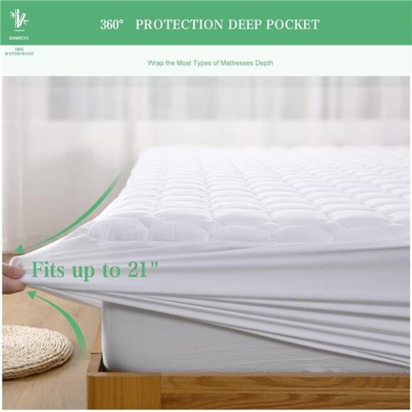 Queen Mattress Protector Waterproof Rayon from Bamboo, Deep Pocket - Picture 5 of 7